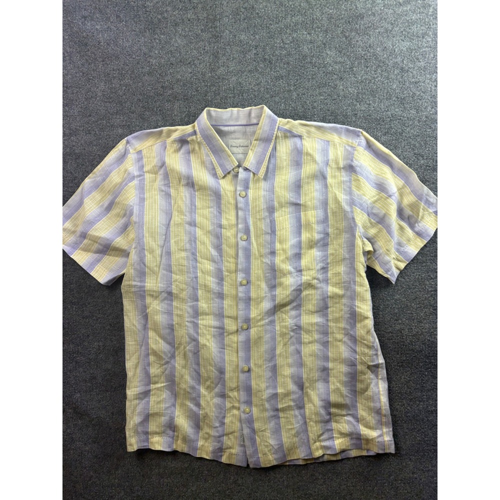 Tommy Bahama Button Down Shirt Mens Large Purple Yellow Striped 100% Linen